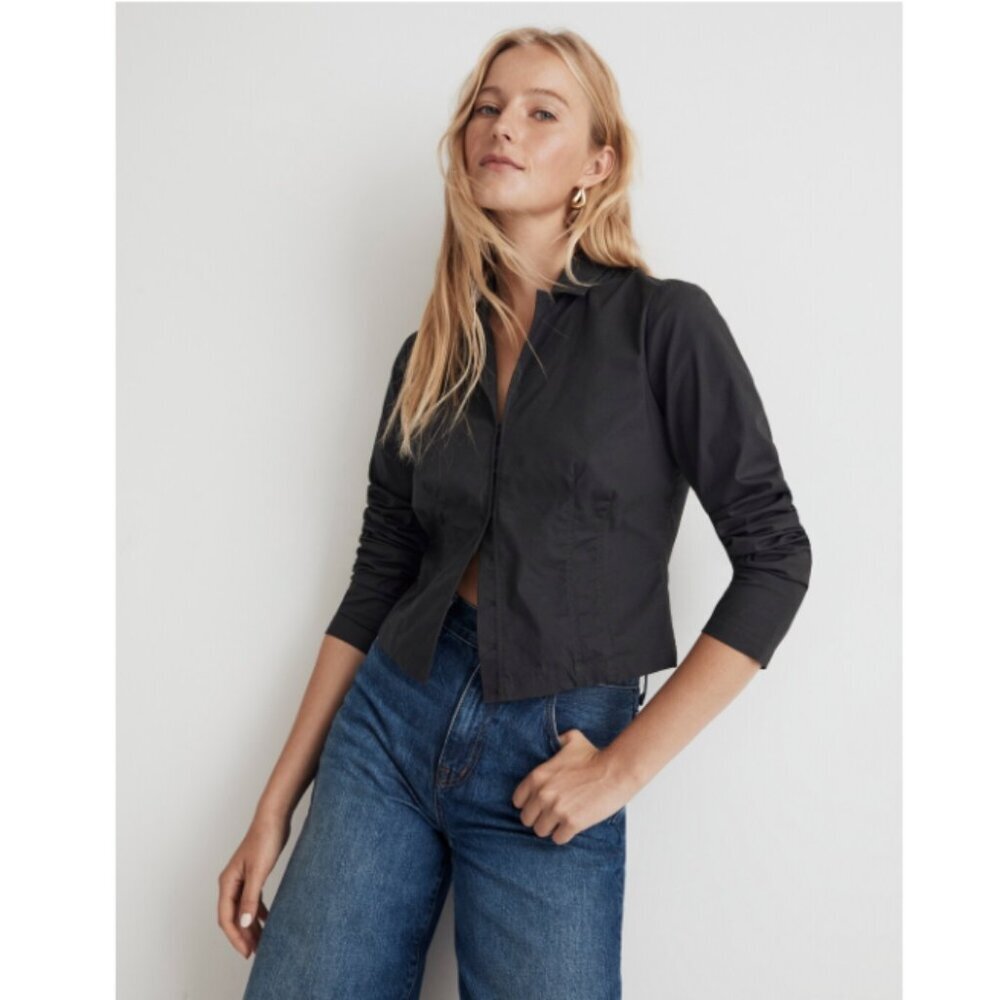 Madewell Poplin Hook-Front Closure Shrunken Shirt Black Coal Sz 2 NWT